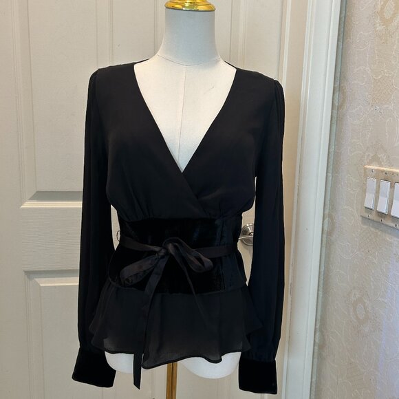 Cinq à Sept Silk with Velvet Trim Long Sleeve Faux Wrap Blouse Women's Size S - Picture 1 of 9